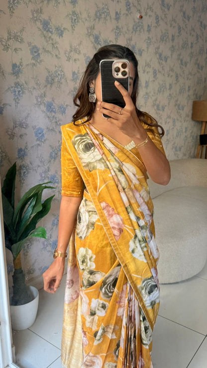 Mustard yellow marble saree with pearl work blouse