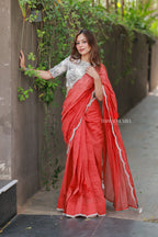 Orange rust saree with pearl work blouse