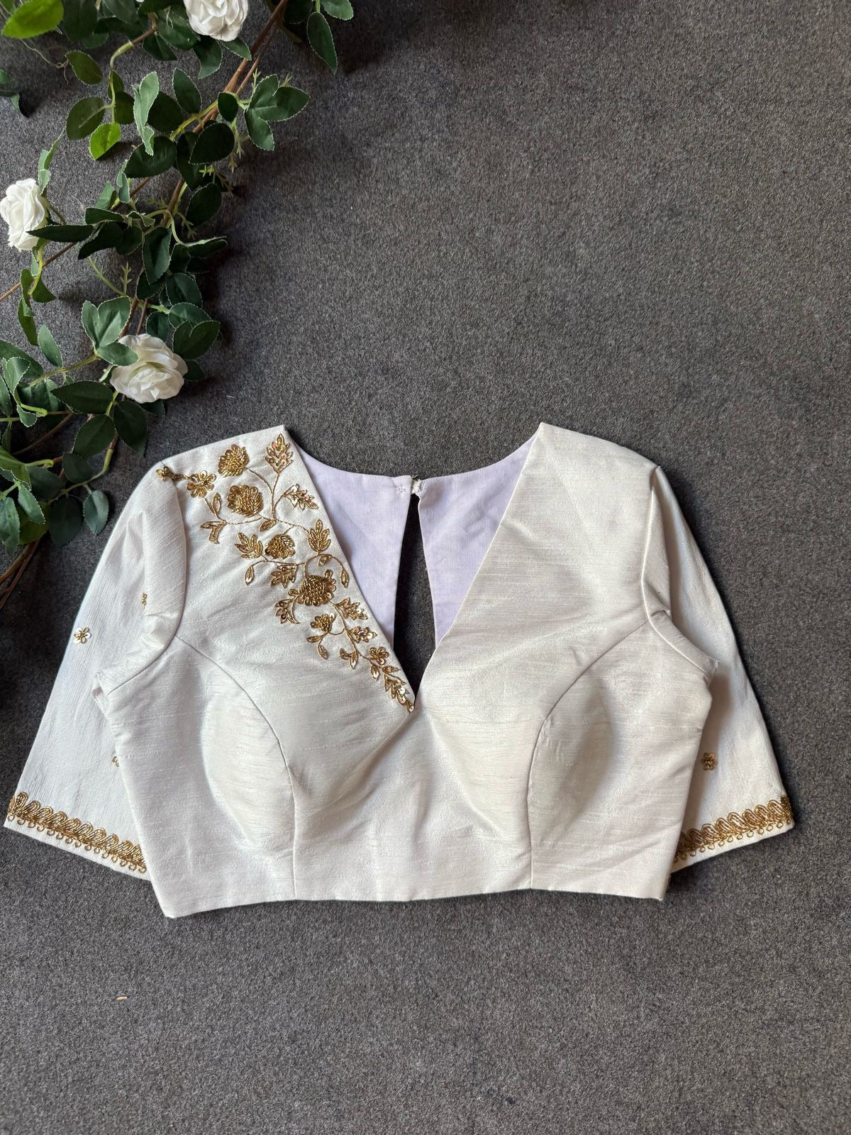 White silk shoulder hand worked blouse