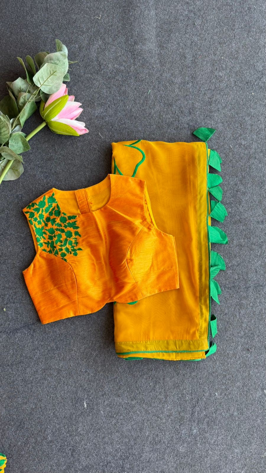 Mustard yellow soft organza saree with embroidery blouse