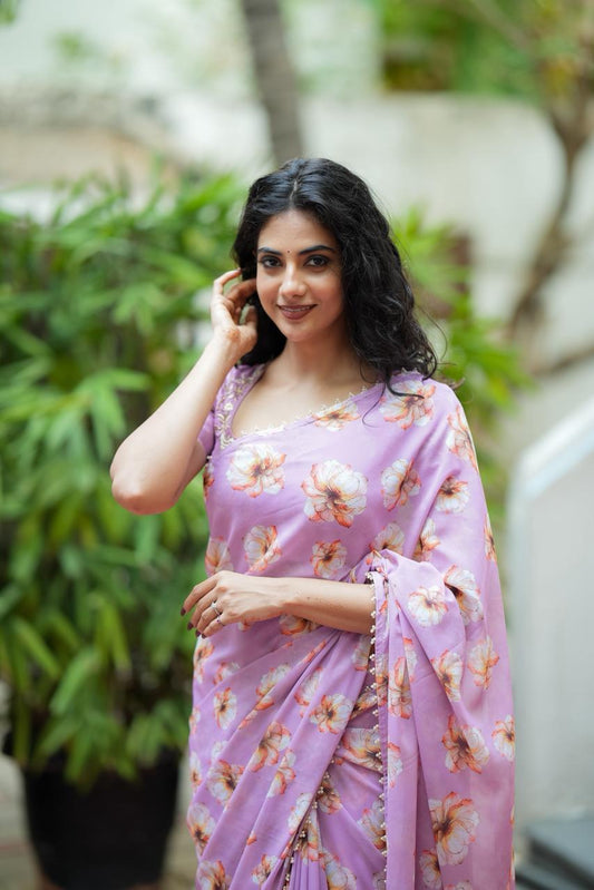 Lavender floral georgette designer saree