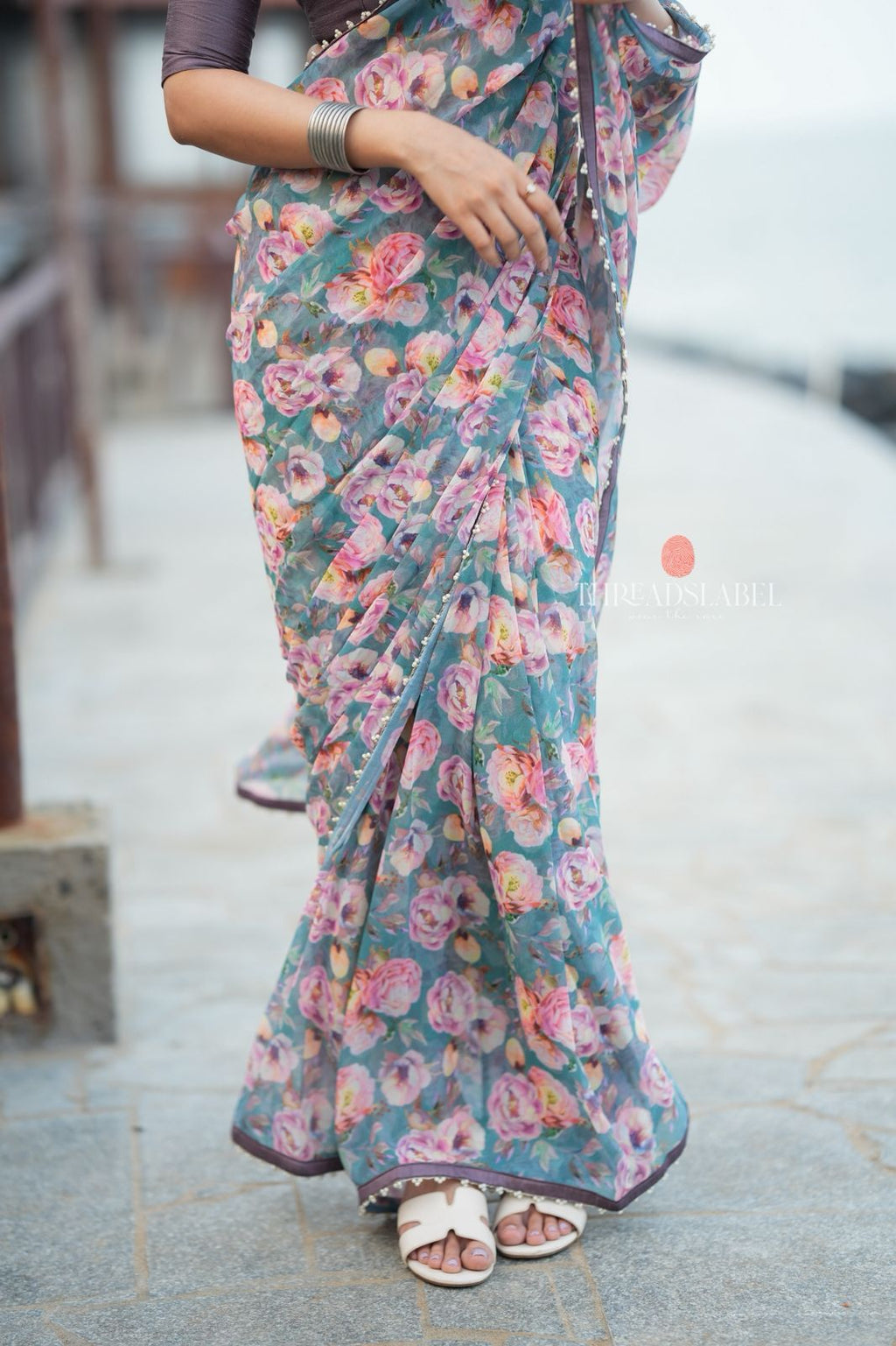 Blue floral georgette saree with grey embroidery blouse