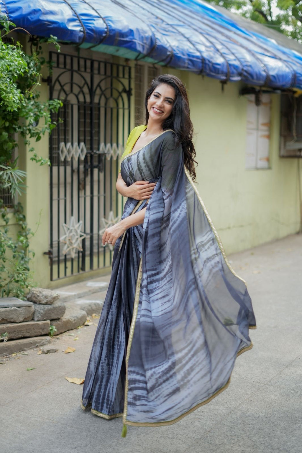 Blue grey georgette saree with silk hand work blouse