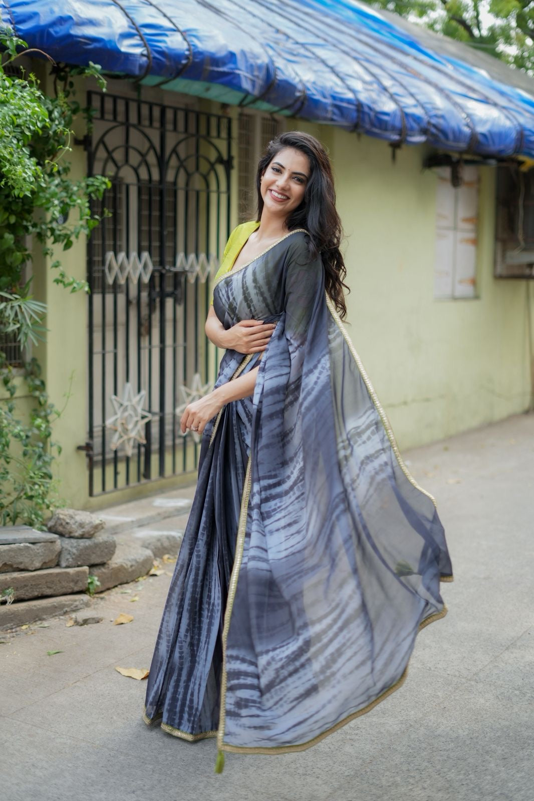 Blue grey georgette saree with silk hand work blouse