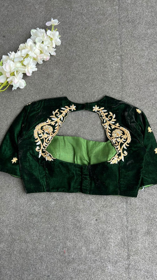 Green velvet heavy hand work blouse