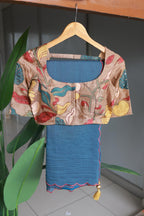 Blue malai cotton saree with kalamkari handwork blouse