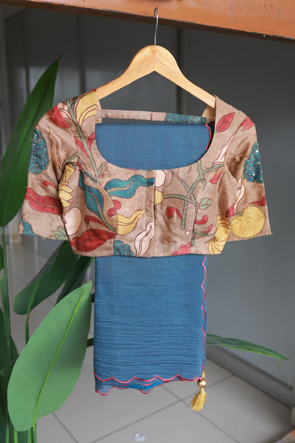 Blue malai cotton saree with kalamkari handwork blouse