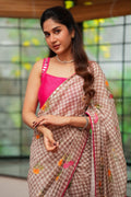 Brown checked mul cotton saree with hand work blouse