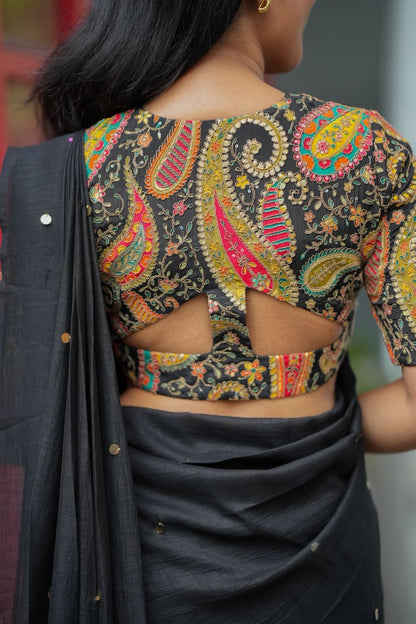 Black malai chanderi saree with heavy embroidery blouse