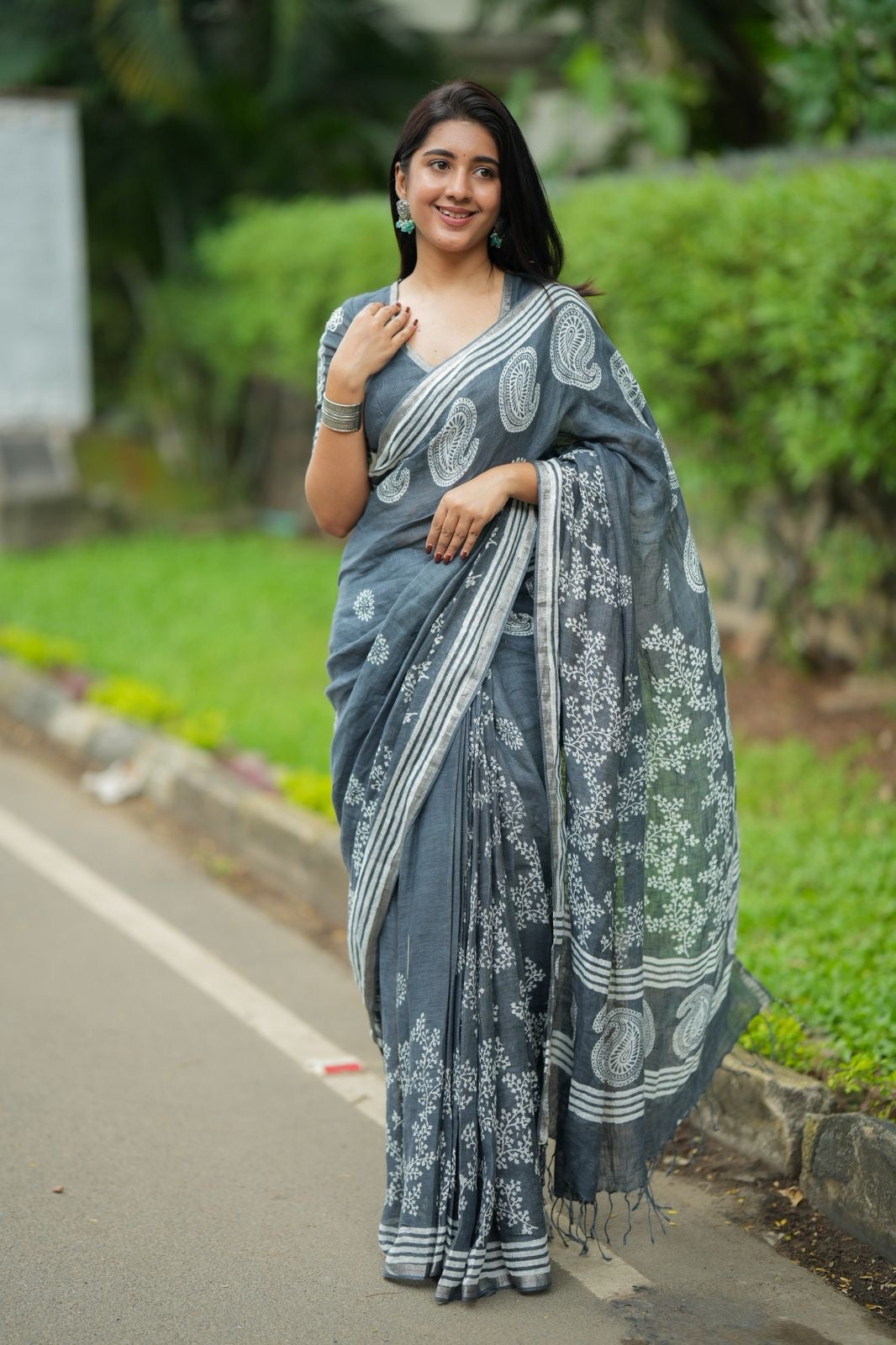 Grey linen floral printed designer saree