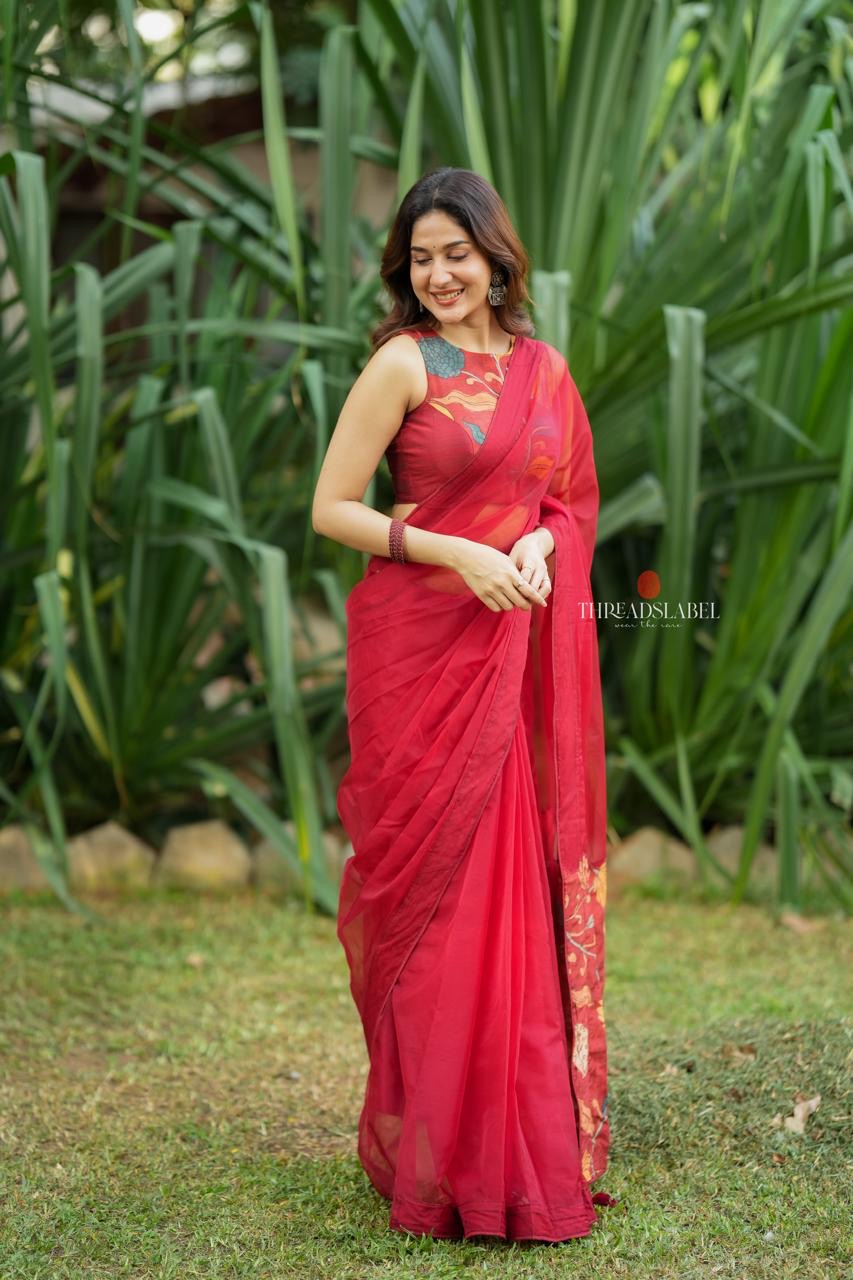 Maroon soft organza saree with kalamkari blouse