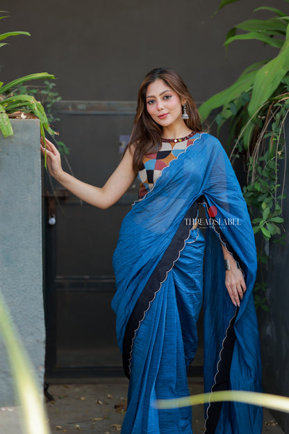 Blue mul chanderi saree with mirror work blouse