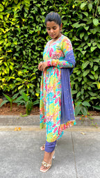 Blue muslin floral printed 3 piece alia cut kurti suit