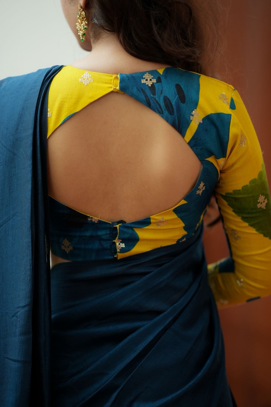 Deep blue marble silk saree with embroidery blouse