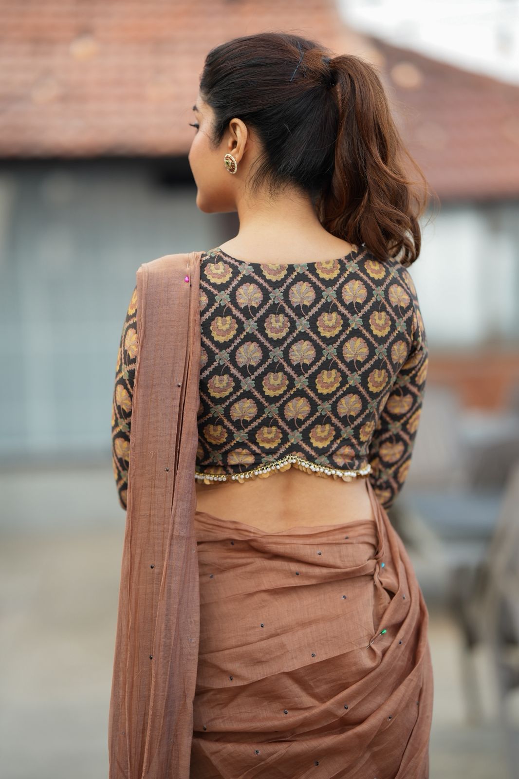 Brown malai chanderi saree with Ajrak print blouse