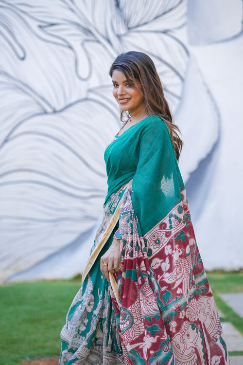 Green kota saree with kalamkari work blouse