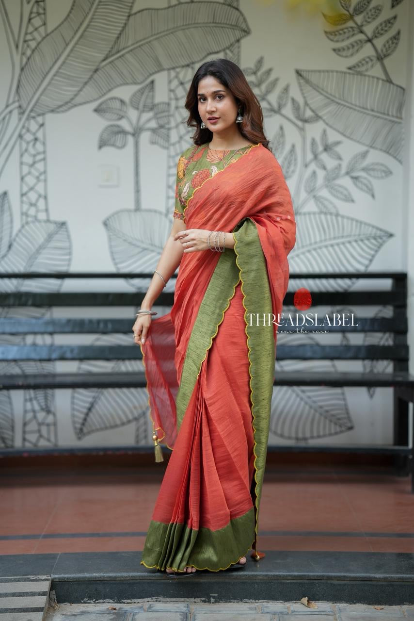 Orange rust mul cotton saree with kalamkari mirror blouse