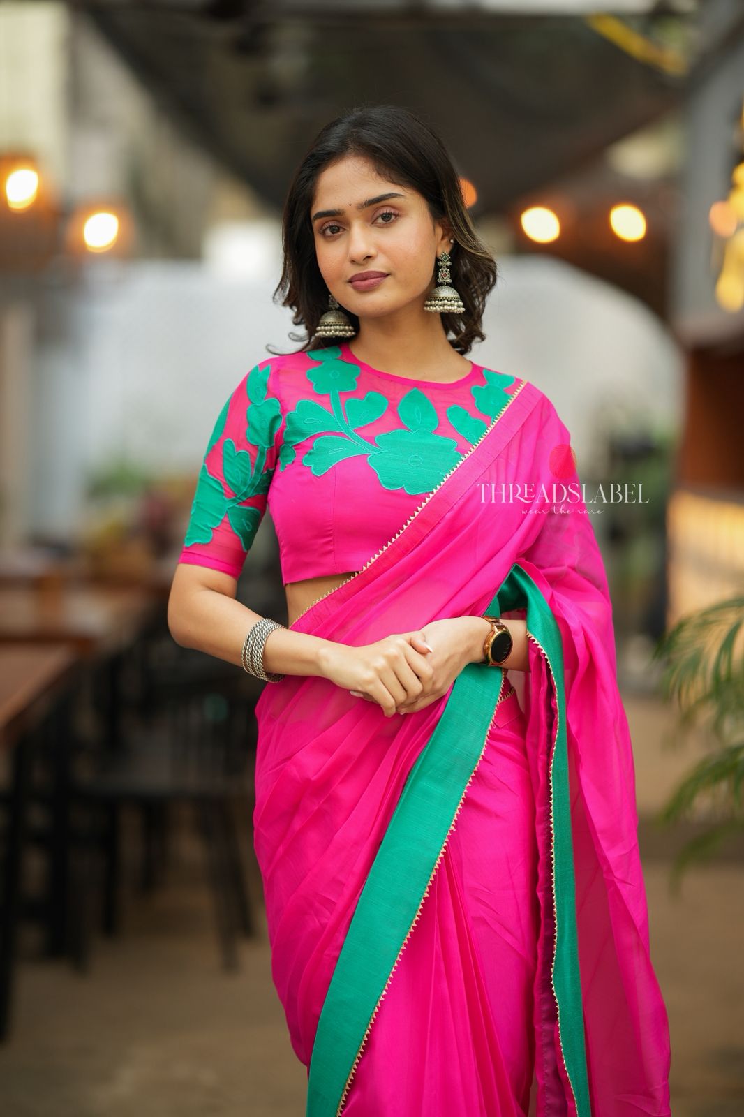 Pink organza saree with floral hand work blouse
