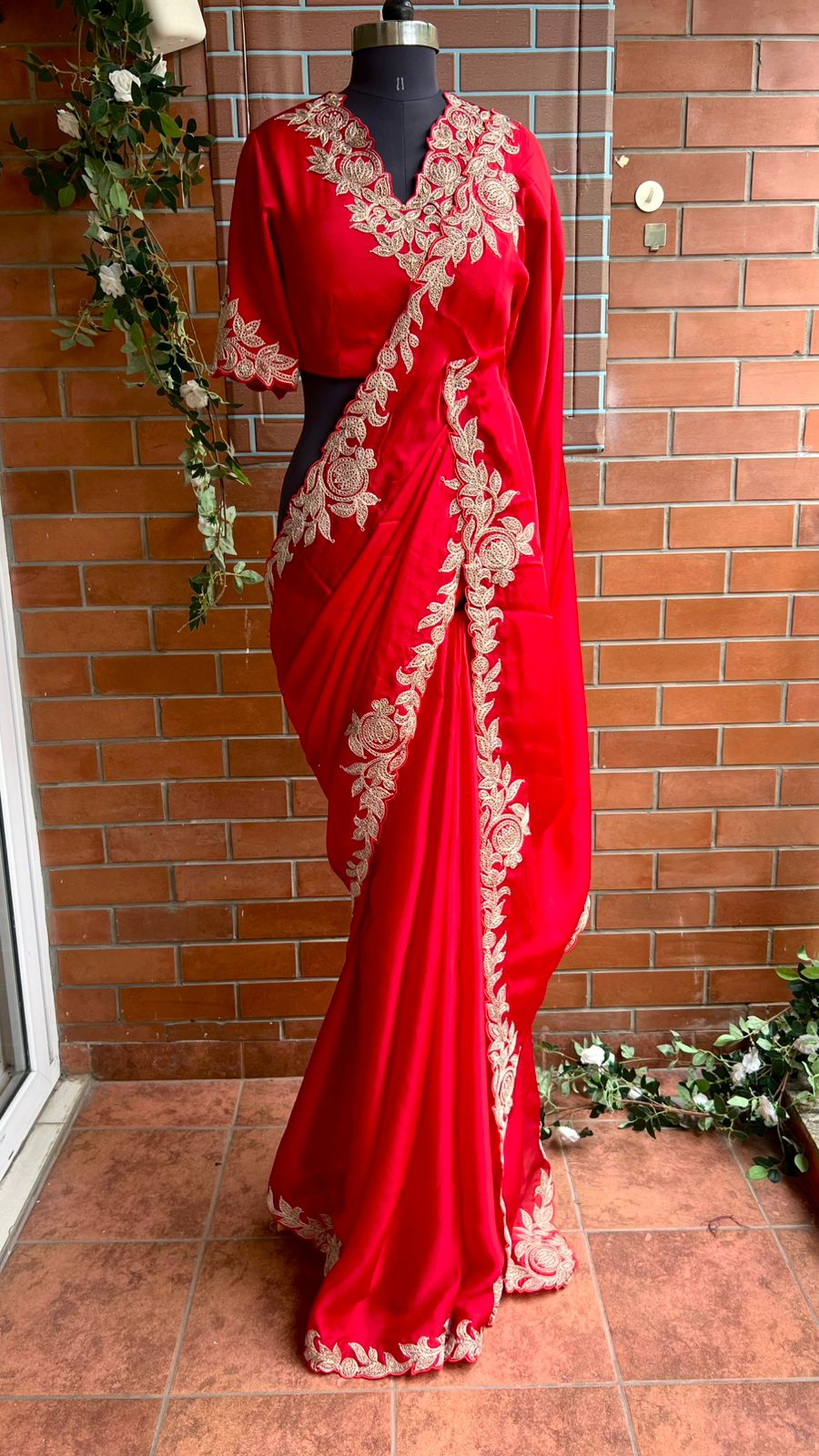 Red Gajji silk saree with heavy embroidery blouse