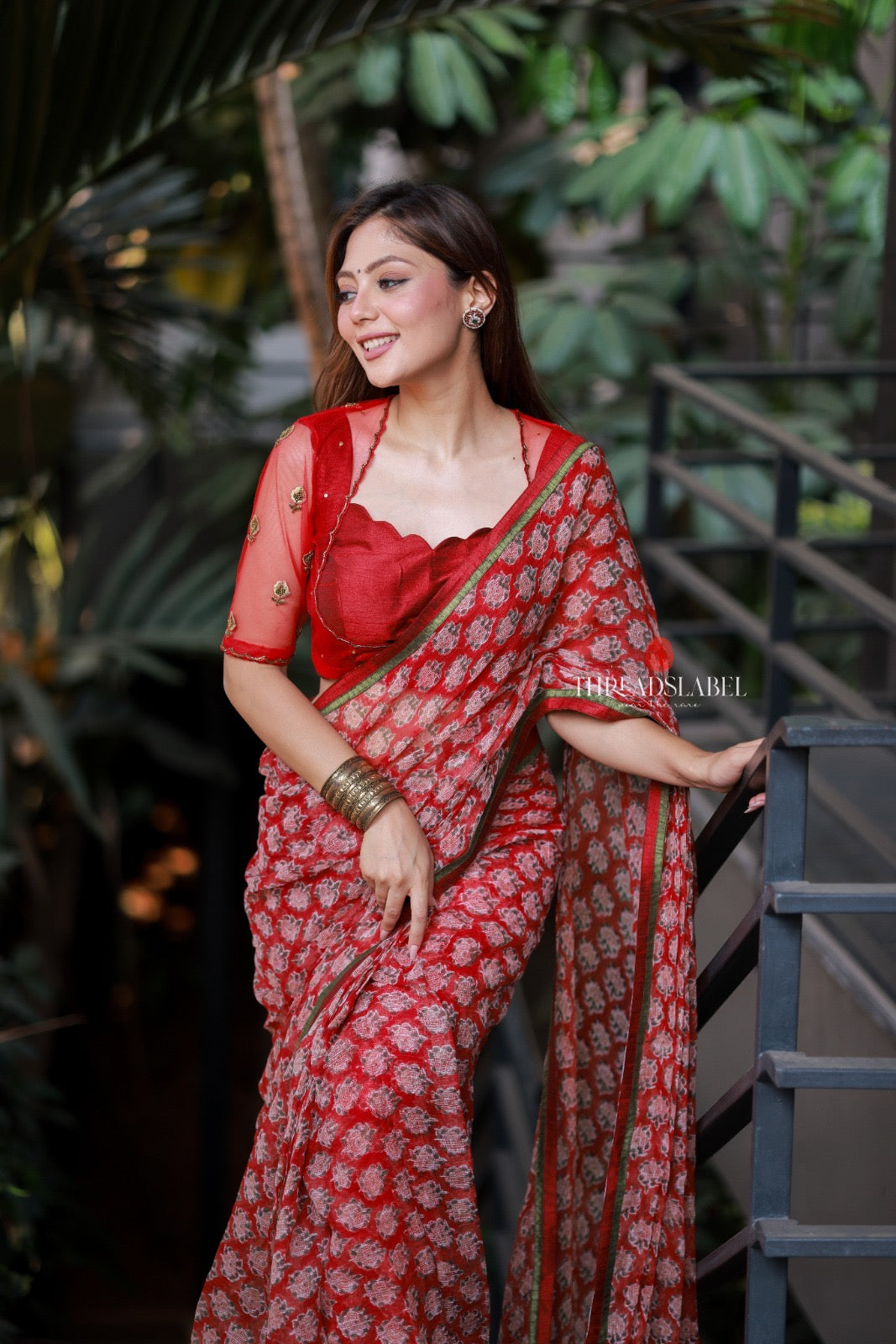 Red cotton kota saree with hand work blouse