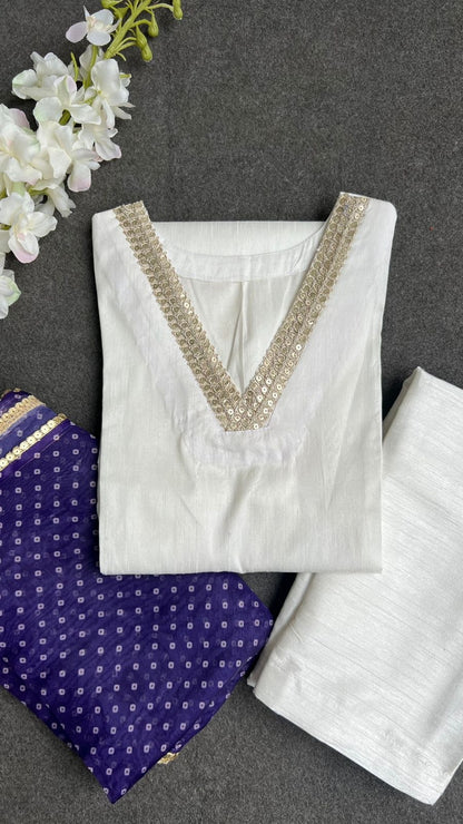 White & purple silk 3 piece kurti dress