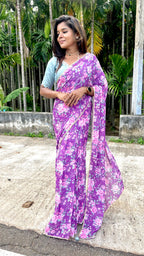 Purple floral georgette saree with hand worked blouse