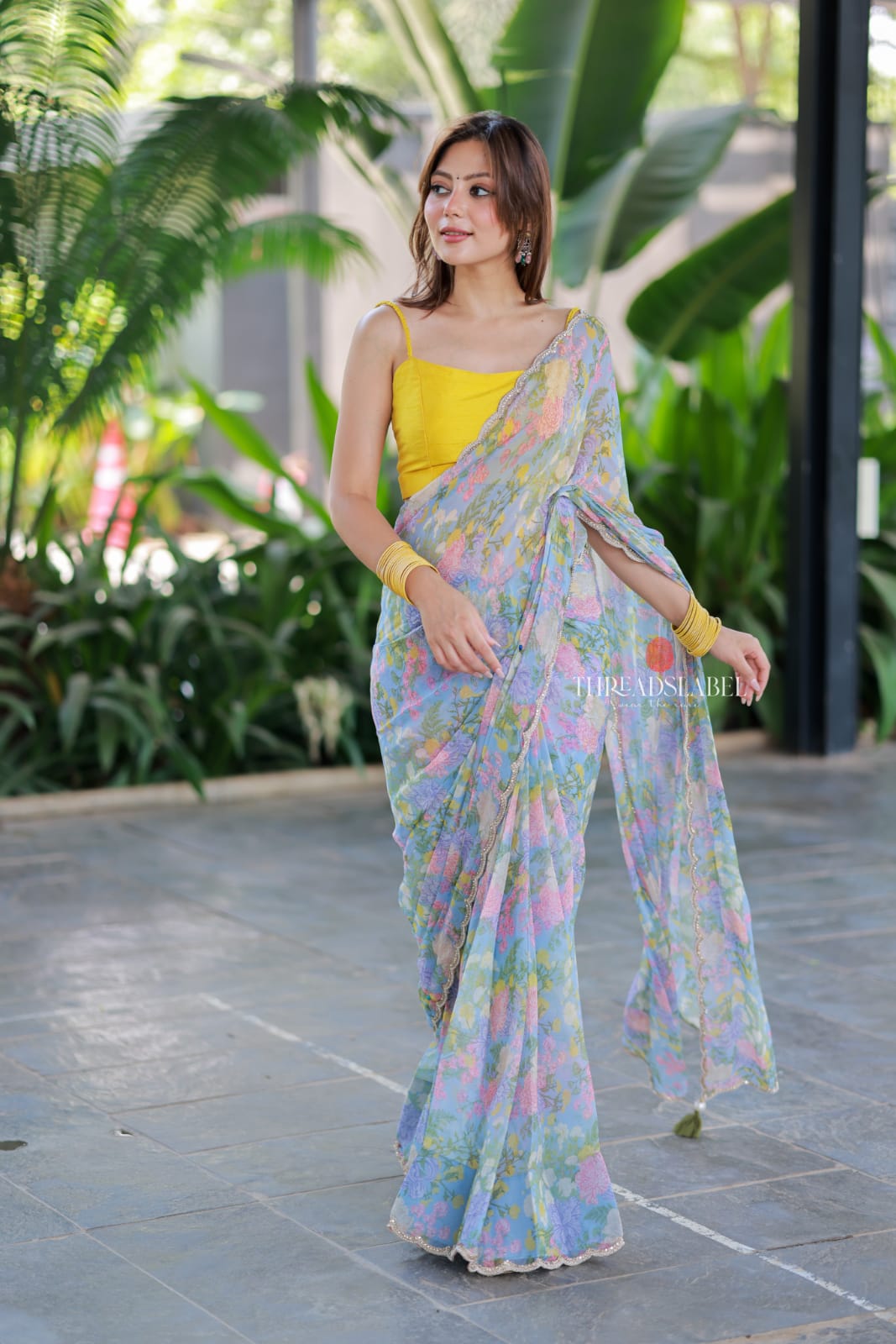 Light Blue chiffon saree with hand work blouse