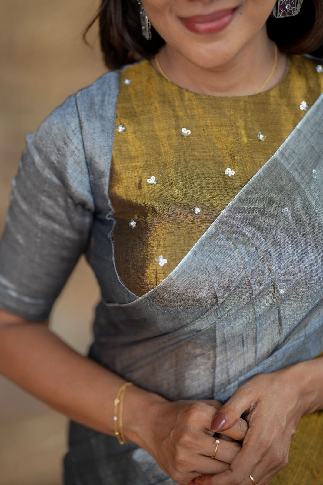 Silver grey gold soft tissue saree with handwork blouse