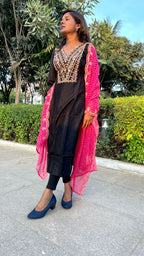 Black silk embroidery 3 piece kurti suit