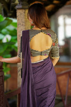 Deep purple mul cotton saree with hand block print blouse