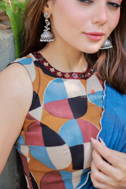 Blue mul chanderi saree with mirror work blouse
