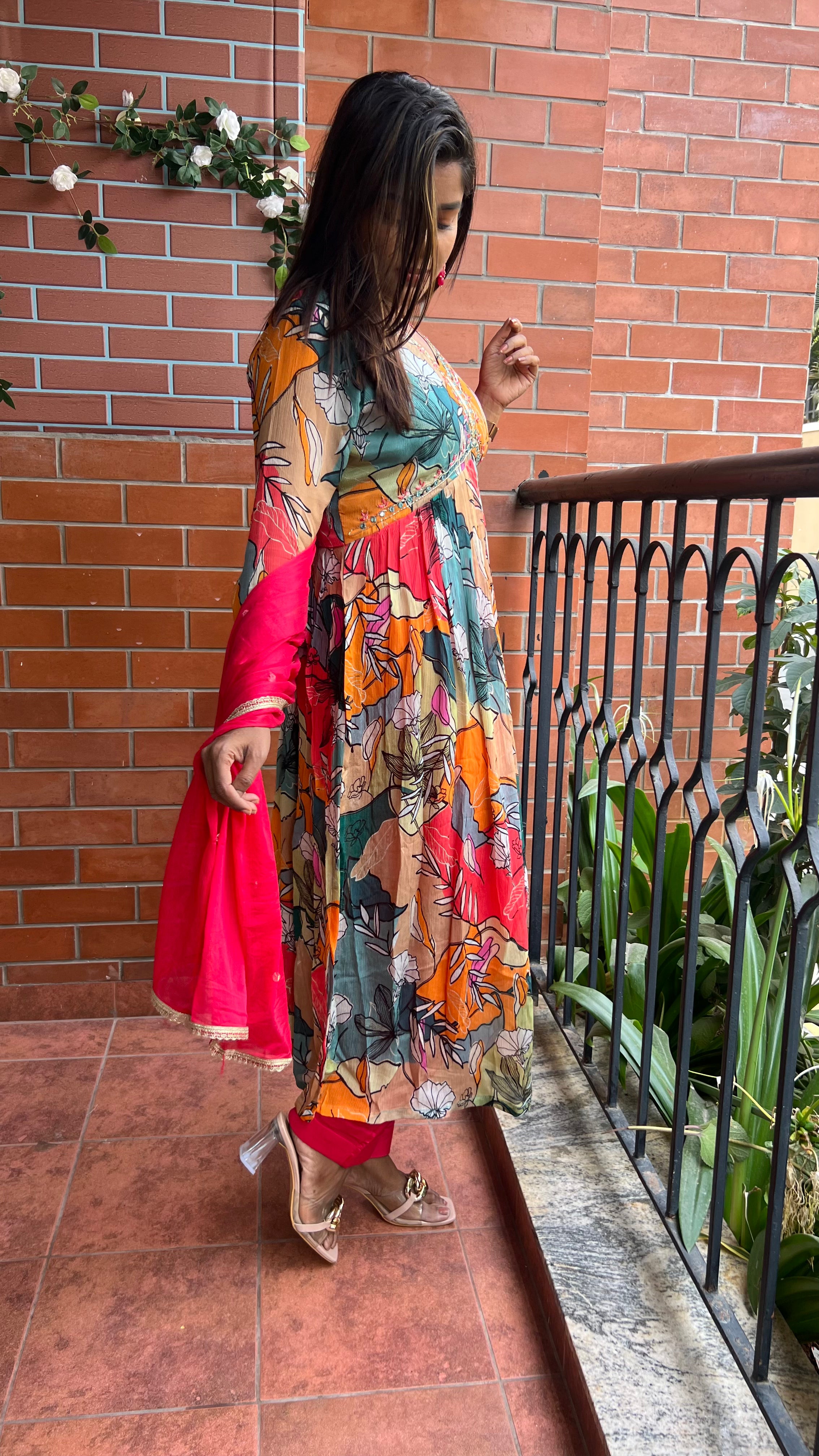 Chinnon floral printed 3 piece alia cut kurti suit
