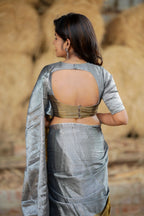 Silver grey gold soft tissue saree with handwork blouse
