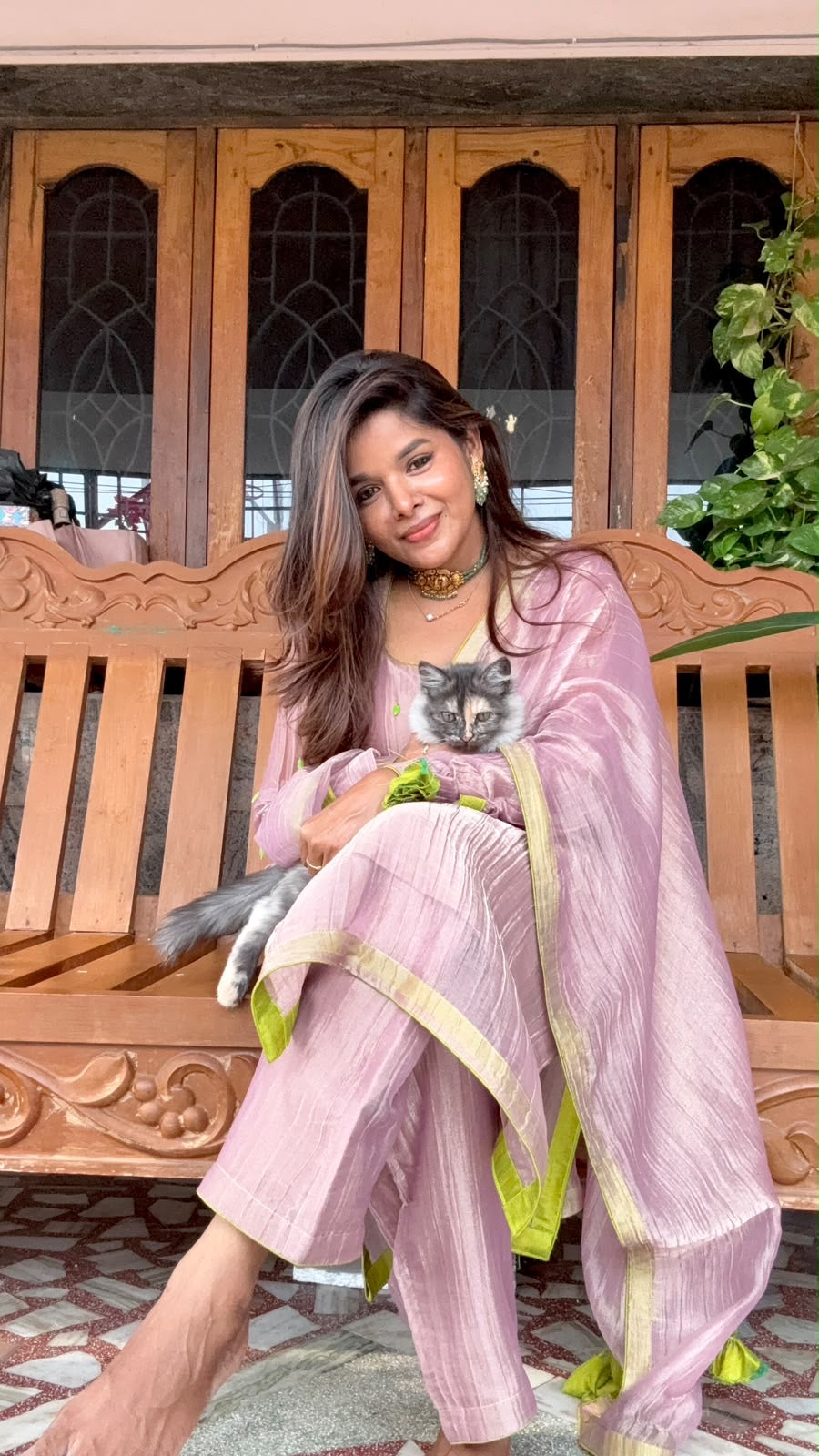 Pink tissue embroidery salwar