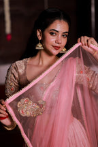 Pink marble silk lehenga with handwork blouse
