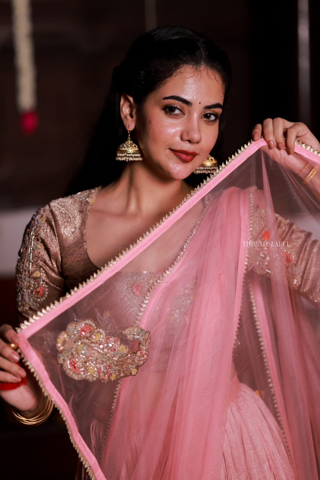 Pink marble silk lehenga with handwork blouse