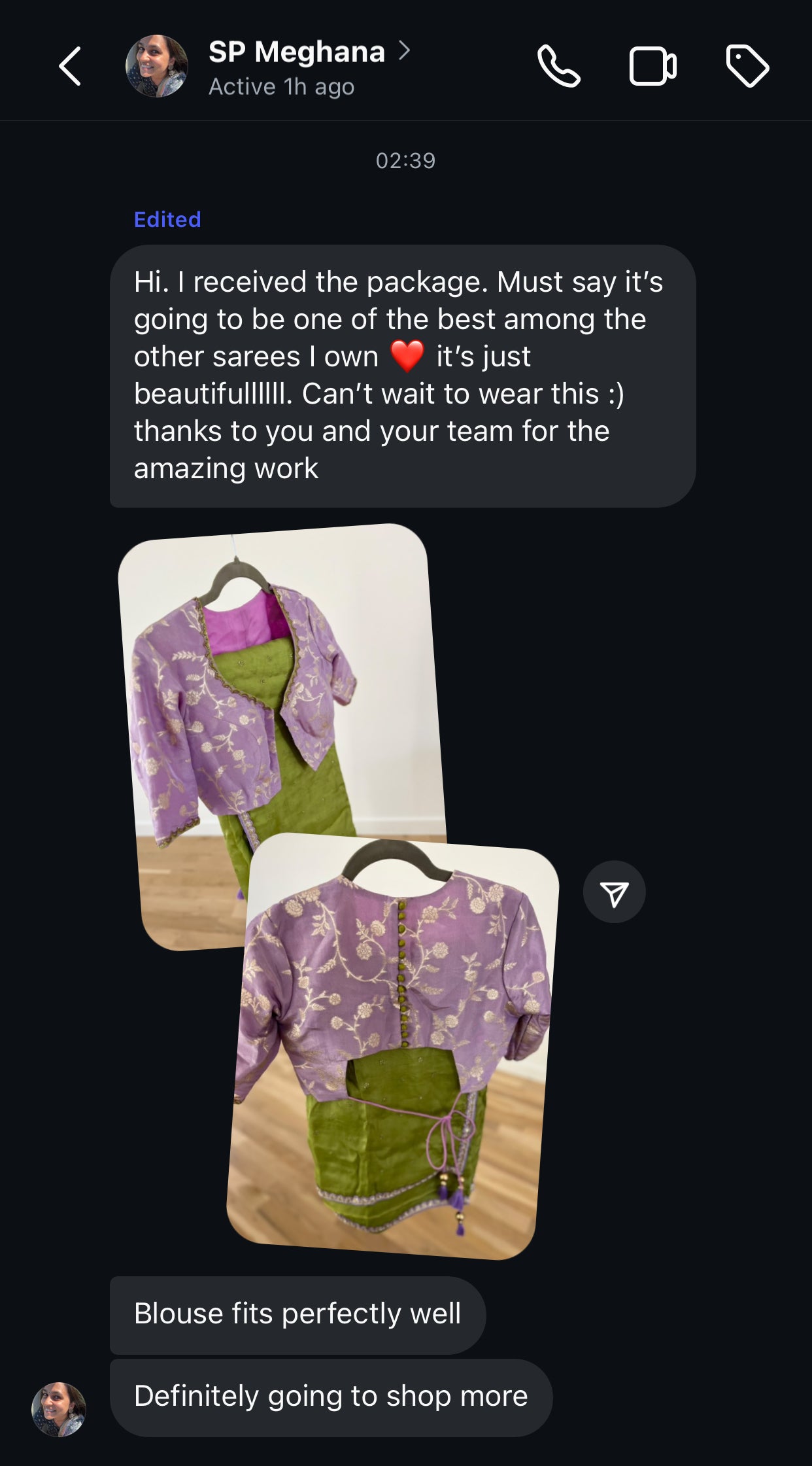 Green jute saree with lavender hand worked blouse