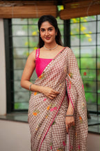 Brown checked mul cotton saree with hand work blouse