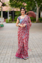 Maroon cotton kota saree with hand work blouse