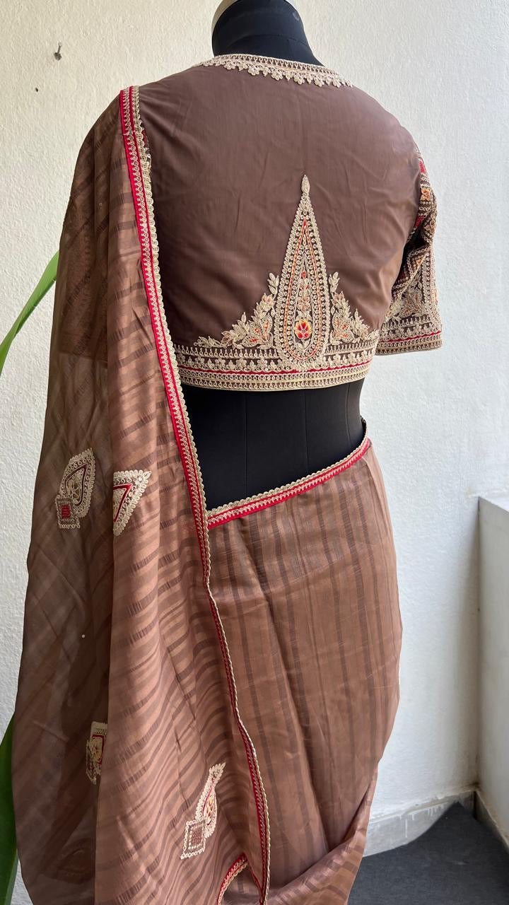 Caramel muslin silk embroidery saree with blouse