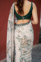Half white chiffon floral saree with hand work blouse