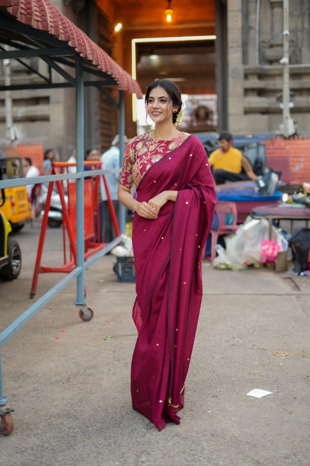 Maroon marble silk saree with embroidery blouse