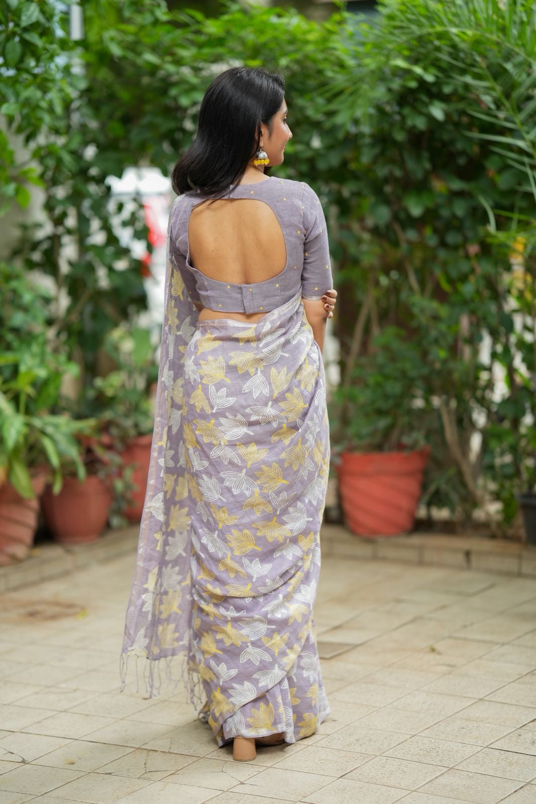 Lavender linen floral saree with hand work blouse