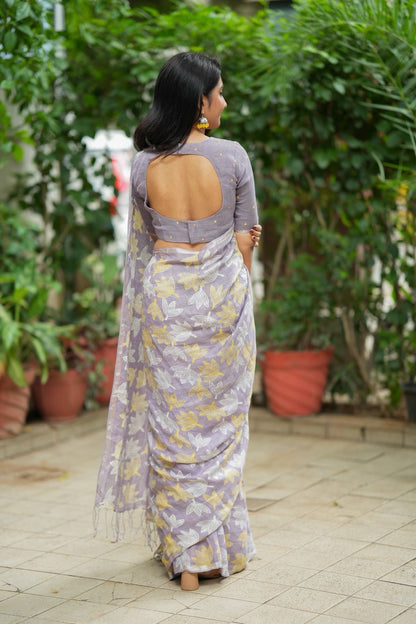 Lavender linen floral saree with hand work blouse