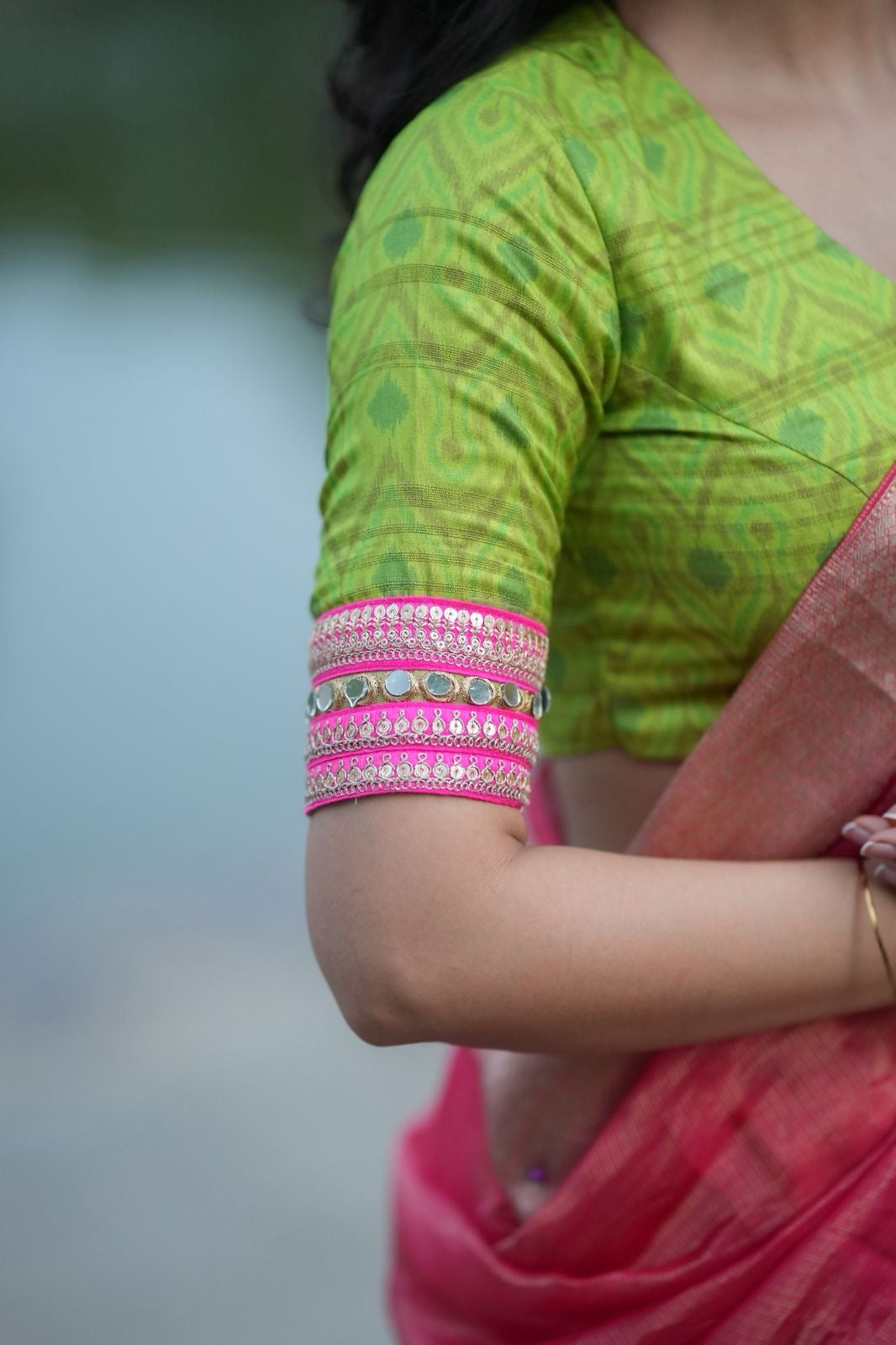 Parrot ikkat silk hand work blouse (Only blouse)