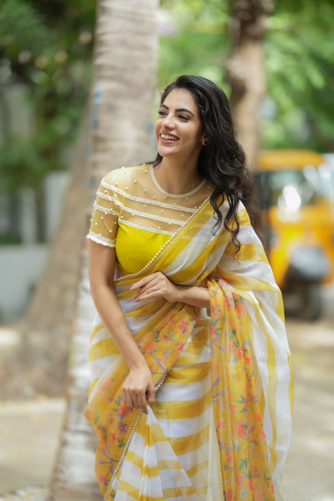 Fenugreek organza saree with hand work blouse