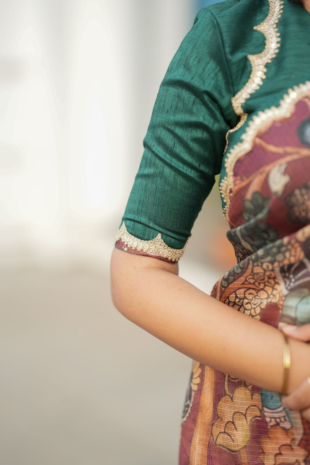 Brown kota kalamkari saree with embroidery blouse