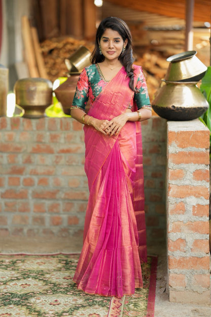 Pink soft tissue saree with hand work blouse