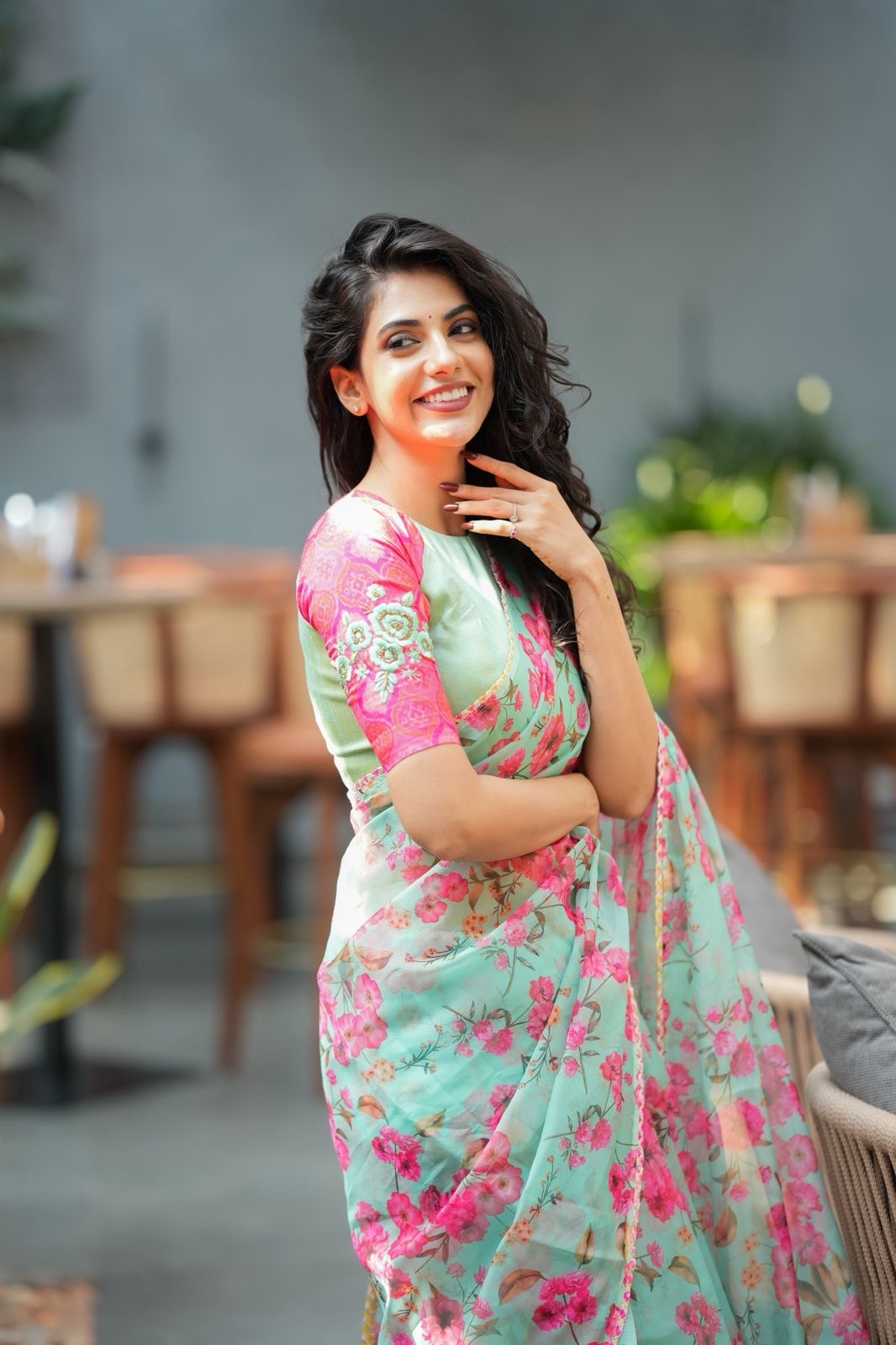 Pista floral organza saree with hand work blouse
