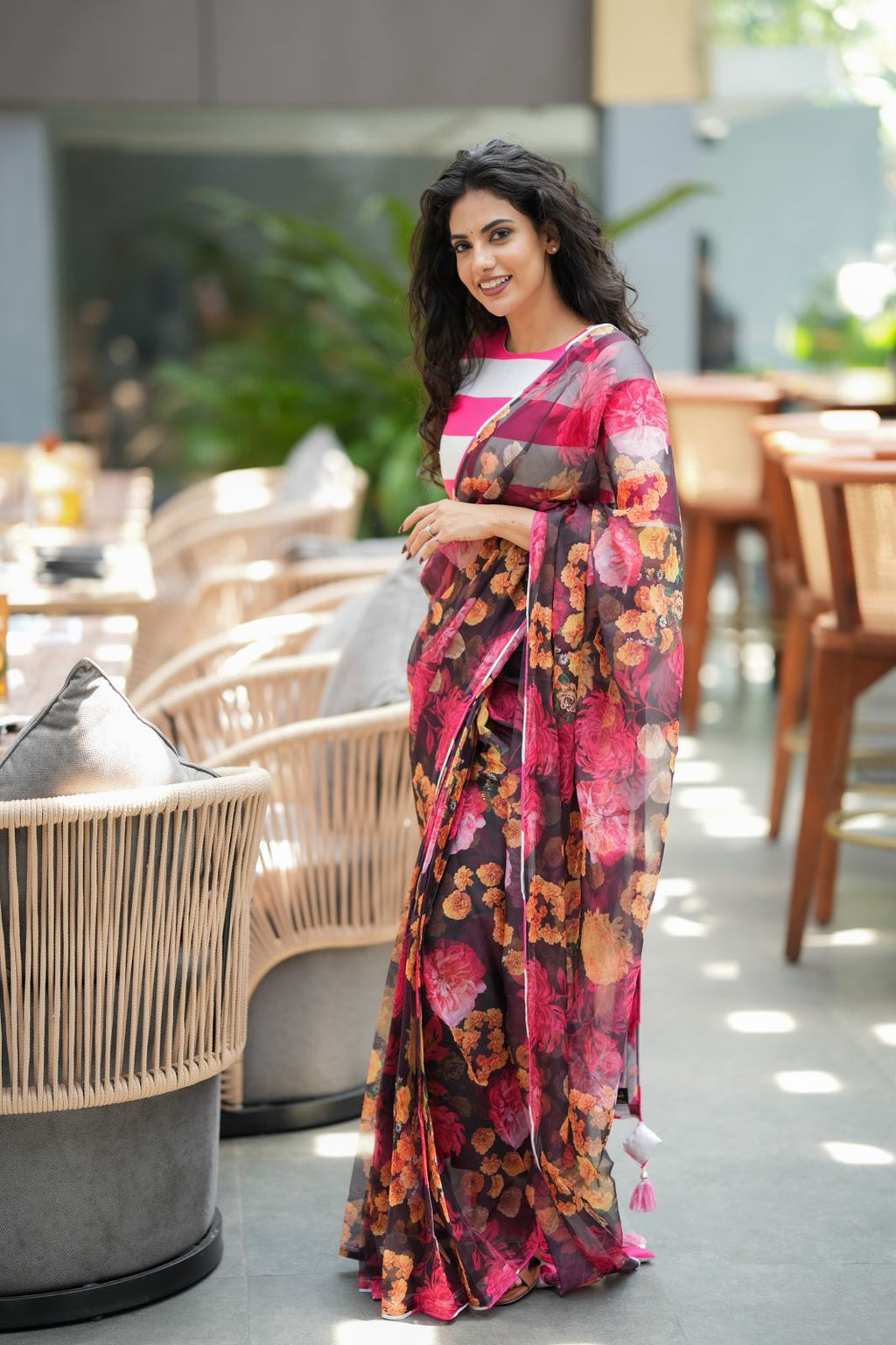 Deep brown soft organza saree with satin blouse